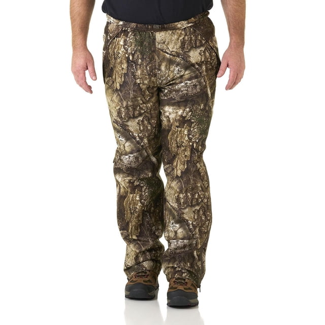 Realtree APX Men's Scent Control Pants in camouflage pattern with elastic waistband and belt loops, made from waterproof, breathable, and windproof polyester fabric, featuring knee-length zippers for easy on and off over boots, ideal for hunting and outdoor use.