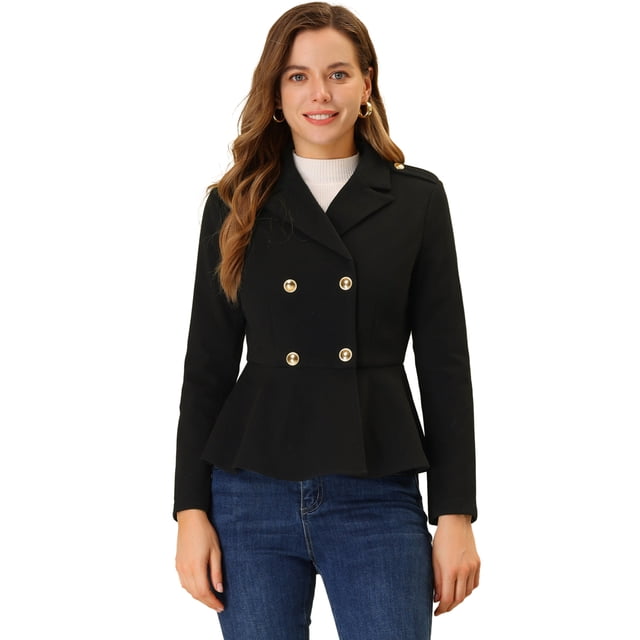 INSPIRE CHIC Women's Elegant Lapel Button Blazer Long Sleeve Ruffle Hem Work Wool Short Coat Black XL