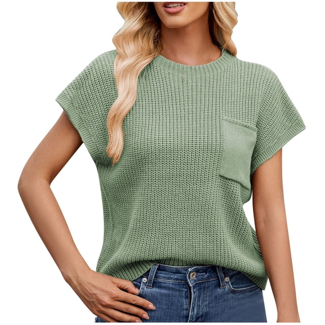 Timegard Womens Tops Cap Sleeve Knitted Round Neck T Shirts Casual Solid Color Top with Pocket