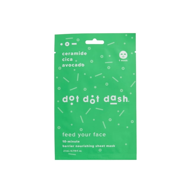 Feed Your Face Mask by Dot Dot Dash, a nourishing sheet mask designed to restore and protect the skin barrier in 10 minutes. Infused with ceramide, cica, and avocado serum, it features green packaging with playful white text and patterns.