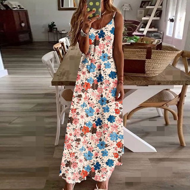 Ovzne Robes d'Été pour Femmes 2025 Robe d'Été Robes d'Été pour Femmes Imprimé Sans Manches Col Rond Robe Décontractée Longues Robes Robe pour Femmes Imprimée Liquidation