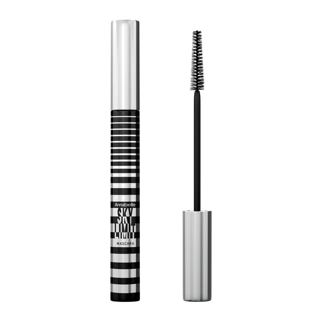 Annabelle Skylimit Mascara, Extreme length, featuring a black and white striped tube with a silver cap, alongside the open wand with a precision brush coated in blackest black formula enriched with carnauba wax for clump-free, long-lasting lash lengthening.
