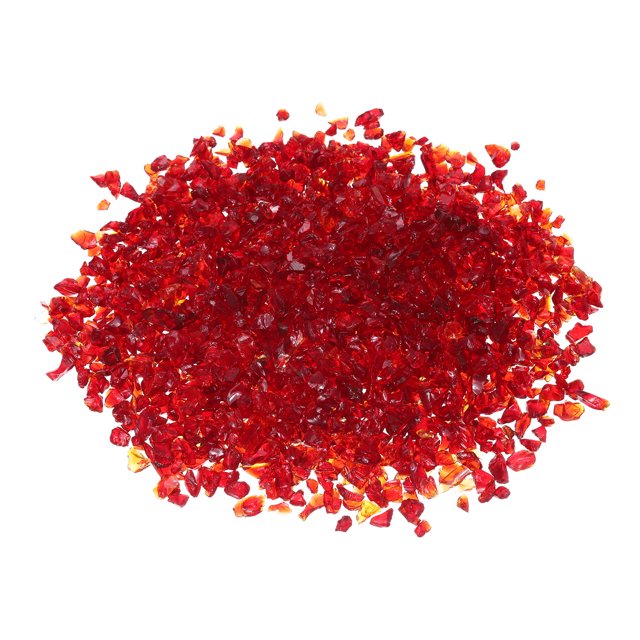 1 Pound Fire Glass Stone, 3-6mm Reflective Fire Pit Glass Rock for Fireplace, Red. A close-up view of vibrant red reflective fire glass stones with a high-luster finish, designed for use in fireplaces, fire pits, and decorative bowls. Made of heat-stable glass, these stones are durable, corrosion-resistant, and suitable for both indoor and outdoor applications.
