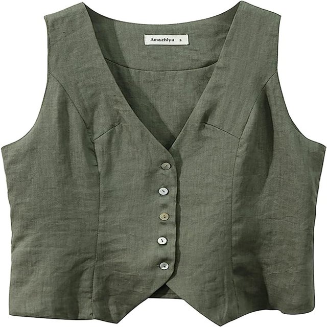 CHOK Womens Pure Linen Sleeveless Button Down V Neck Crop Top Summer Vest Waistcoat