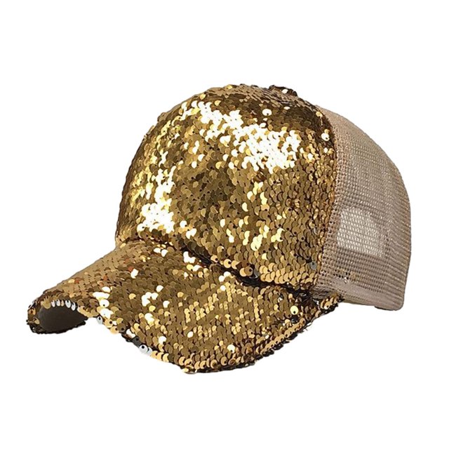 ZheElen Fashionable Sequins Shiny Messy Bun Snap Back Hat For Women UV Protection Light-weight Polyester gold