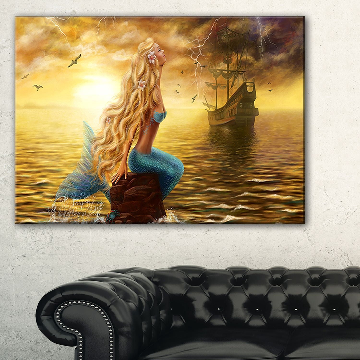Tableau imprimé sur toile Design Art sirène de la mer et bateau