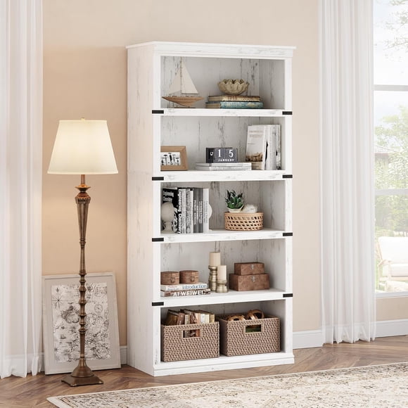 67.4" 5 Tier Farmhouse Open Bookshelf – Wooden Display and Storage Bookcase for Living Room and Bedroom, White