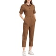 thumbnail image 4 of Unique Bargains Combinaison Pantalon pour Femme à Col Rabattu, Boutonnée, Taille à Nouer, Brun, TG, 4 of 7