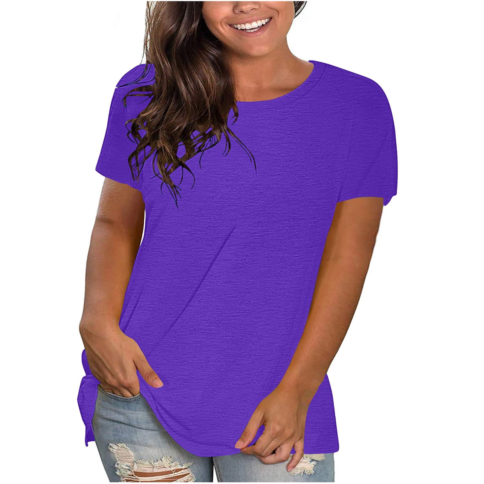cfhntfmh Hauts Grande Taille pour Femmes Col Rond Manches Courtes T-Shirts d'Été Couleur Unie Amples Basiques Tees