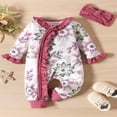 thumbnail image 2 of Newborn Baby Girls Long Sleeve Rompers Floral Print Ruffles Zipper Jumpsuits Bodysuit + Headband, 2 of 7