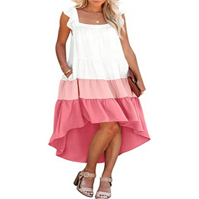 Women Summer Ruffled Sleeve Dress Contrast Color/Solid Color Square Neck Irregular Hem Dress for Beach Date