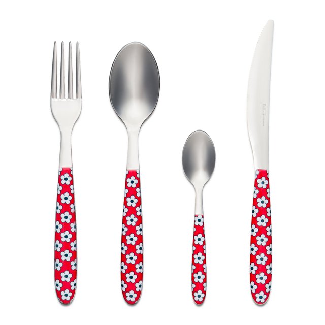 ARIMI Nilu Decor Italian Stainless Steel 24 Piece Flatware Set with flower-patterned red handles, designed for a service of 6. Includes 6 tablespoons, 6 dinner knives, 6 dinner forks, and 6 coffee spoons. Perfect for dining occasions, crafted in Italy with a mirror-like polish and rounded lines for a refined touch.