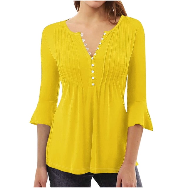 Diufon Womens Dressy Tops Casual Ruffle 3/4 Sleeve Button V Neck Loose Shirts Trendy Solid Color Basic Blouse