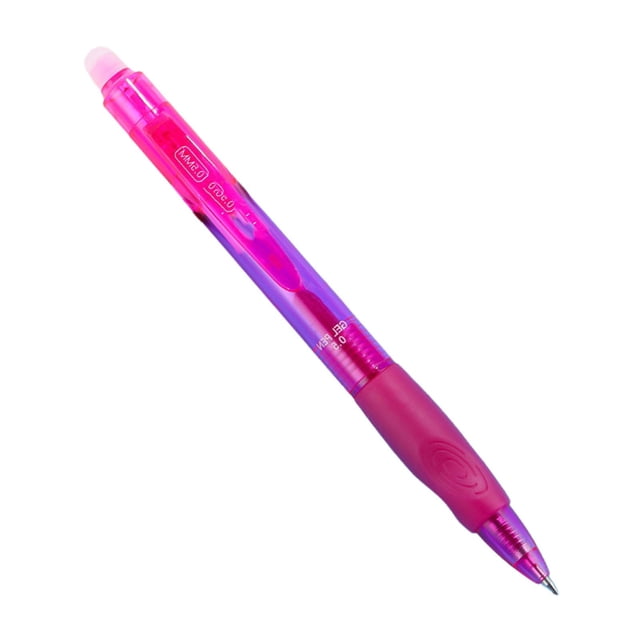 ZTTD Erasable Gel Pens in hot pink, featuring a retractable design with a fine 0.5mm point. The pen includes a built-in eraser at the top and a side clicker for retraction. It offers smooth, erasable writing with thermo-sensitive ink and a comfortable rubber grip. Ideal for drawing, writing, planners, and crossword puzzles.