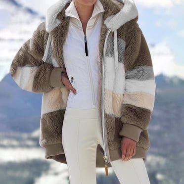 Qertyioot Ladies Winter Hooded Loose Long-sleeve Jacket Plush Coat with Zipper