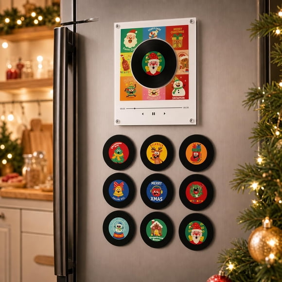 Lecteur de Musique Magnétique pour Réfrigérateur de Noël avec 9 Disques Vinyle NFC