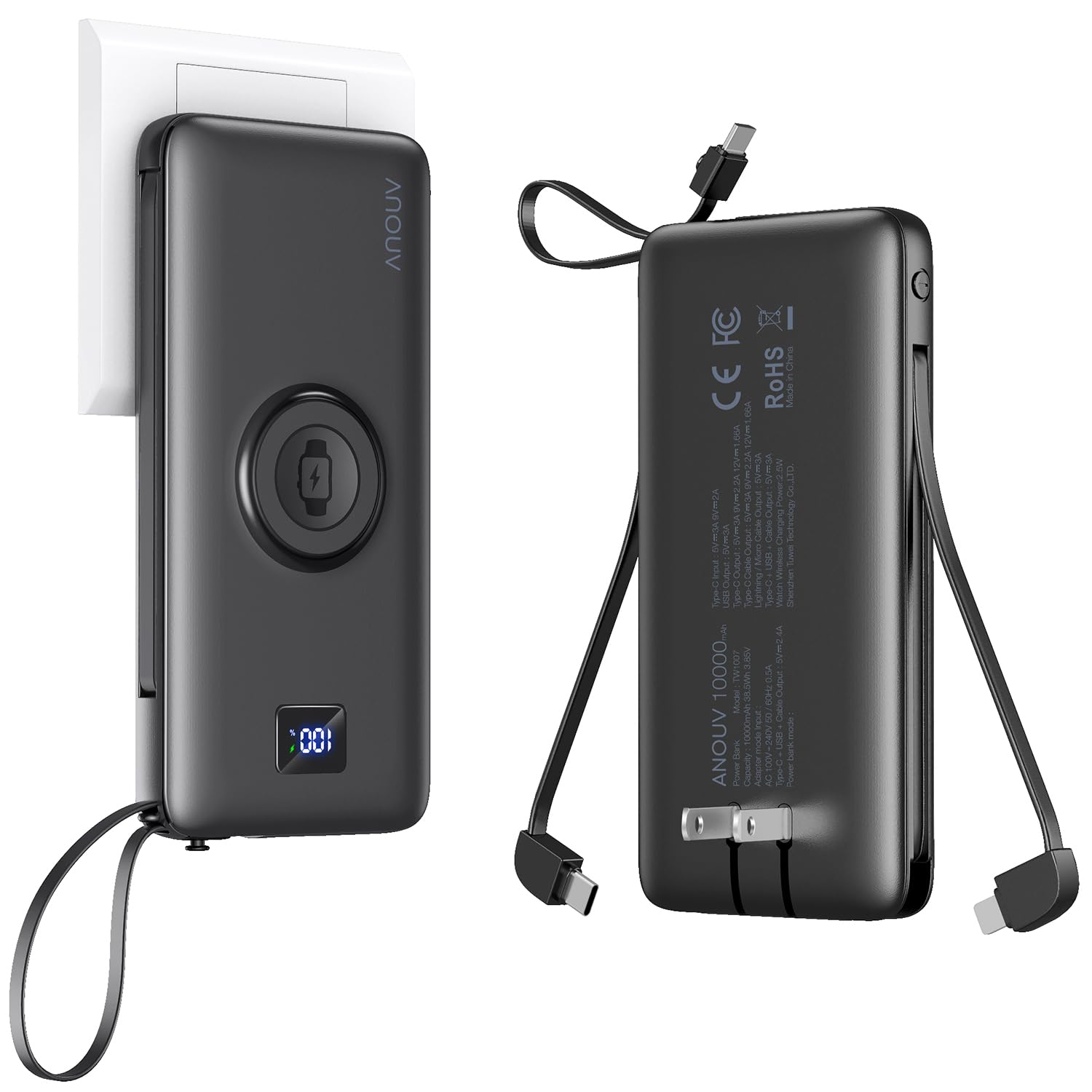 Portable Charger 10000mAh 22.5W PD 3.0+QC 4.0 Super Fast Charging Power Bank, Built-in Cables & AC Wall Plug & Magnetic Wireless iWatch Charger, USB-