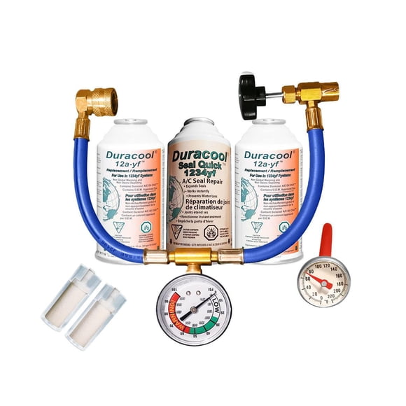 Kit de recharge Duracool 12a-yf pour systèmes de climatisation 1234yf. Contient 2 canettes de réfrigérant de remplacement 1234, 1 canette 12a-yf SealQuick, un tuyau de charge 1234 avec jauge et connex
