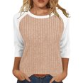 thumbnail image 2 of Yuyuzo Women 3/4 Sleeve Tops Round Neck Loose Casual Blouses Fall Color Block Loose Ribbed Knit Soft Tops, 2 of 6