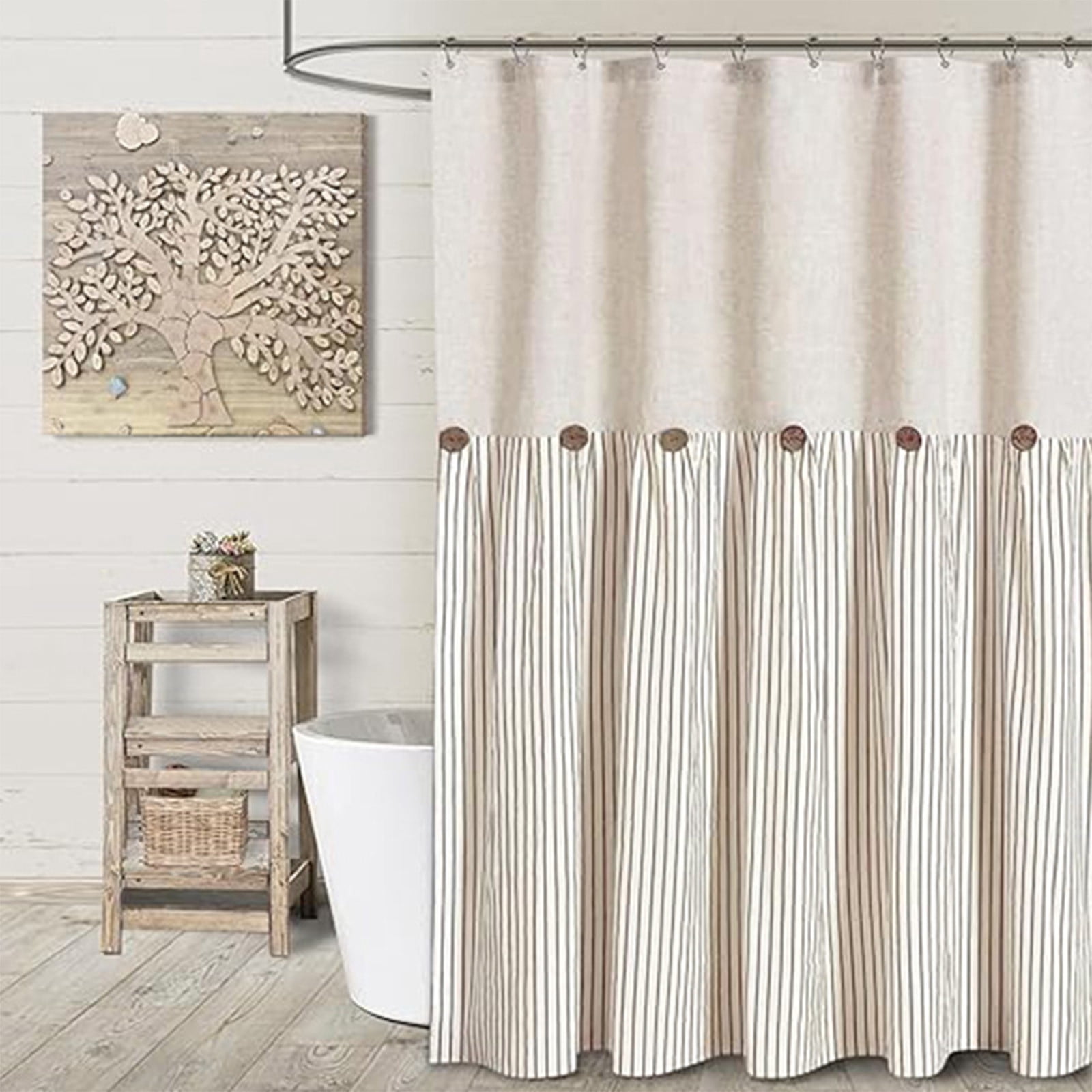 Button Patchwork Skirted Bathroom Shower Curtain Waterproof Button Linen Bathroom Curtains