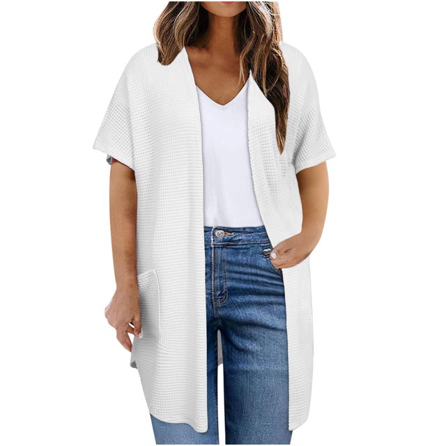 Plebaso Womens Plus Size Cardigan Short Sleeve Summer Cardigans Open Front Casual Blouses with Pockets