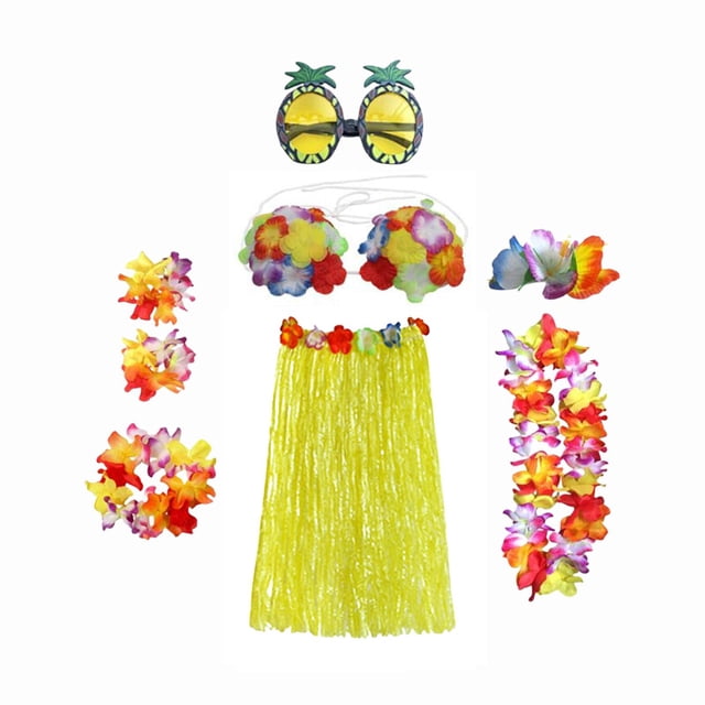 Ensemble de Costume Jupe Hawaïenne Tropicale Lunettes Accessoire Ajustable Extensible Femmes 60 cm
