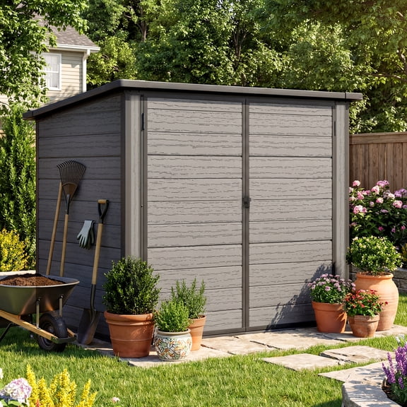 AECOJOY Abri de Rangement Extérieur pour Poubelles et Armoire Utilitaire, Résine Toutes Saisons avec Toit en Pente, Portes Scellées - Range Bacs à Ordures, Outils, Vélos, Gris