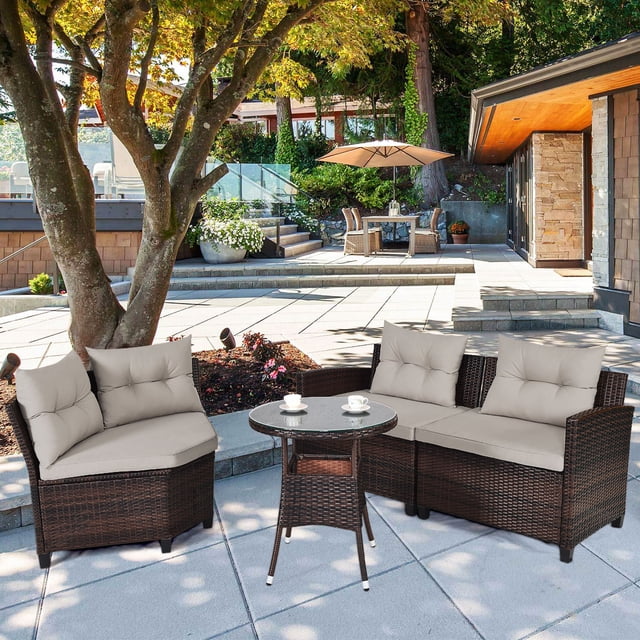 Costway Ensemble de Mobilier d'Extérieur en Rotin pour Patio 4 Pcs avec Coussins Canapé et Table