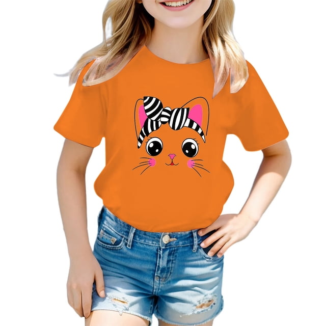 PMVFHDE Hauts d'Été pour Fille Hauts d'Été pour Filles T-Shirts pour Fille T-Shirts Graphiques Ensembles de Shorts et Hauts pour Filles T-Shirt Graphique à Col Rond à Manches Courtes pour Fille T-Shirt d'Été Orange, 7-8 Ans