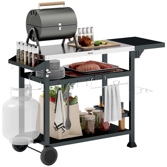 Outsunny 3-Shelf Stainless Steel Outdoor Grill Cart w/ Side Table Wheels