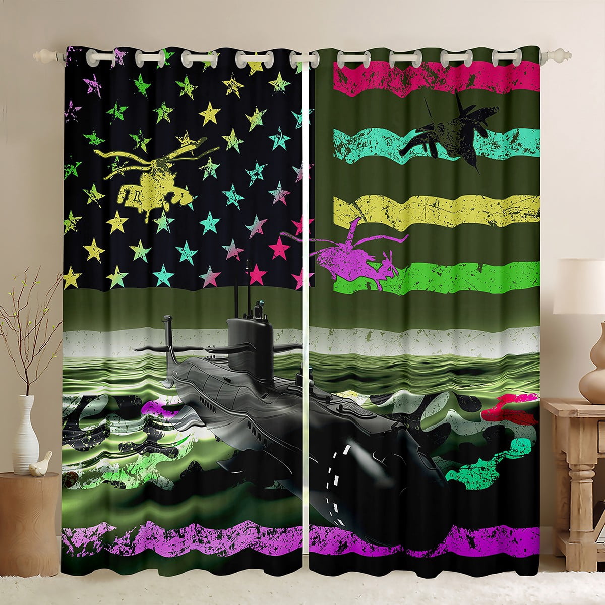 Camo Aircraft Curtains Retro American Flag Curtains & Drapes Vintage ...
