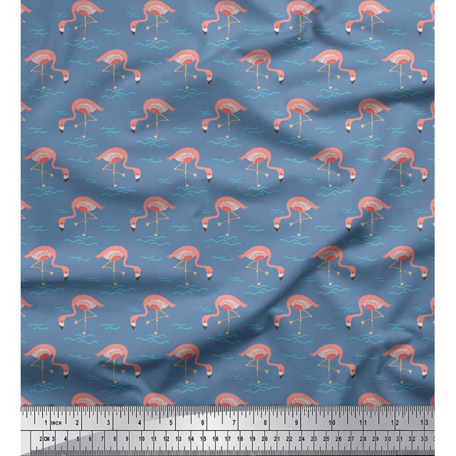 Soimoi Blue polyester Crepe Fabric Flamingo Bird Print Fabric by Yard 42 Inch Wide