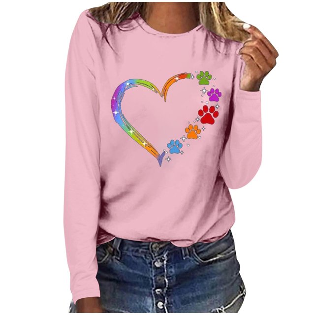 Pisexur Hauts d'Automne pour Femmes Mode Mignon Cœur Graphique Imprimé T-Shirt Hauts Col Rond Manches Longues Chemises pour Femmes Habillées Décontractées Sorties Hauts Confort Polyvalent Léger T-Shirts