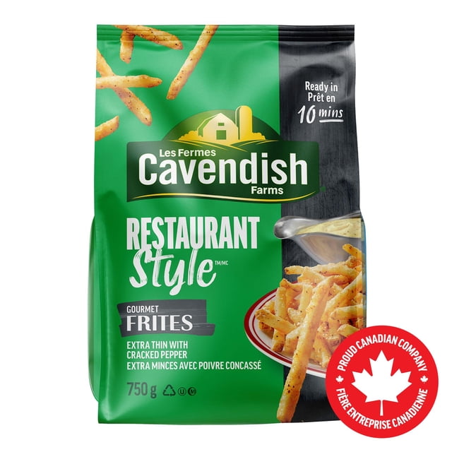 Cavendish Farms Restaurant Style Frites Extra Thin Gourmet Fries 750 g package showing seasoned frozen thin-cut fries with cracked pepper, ready in 10 minutes, green and black packaging with Proud Canadian Company logo.