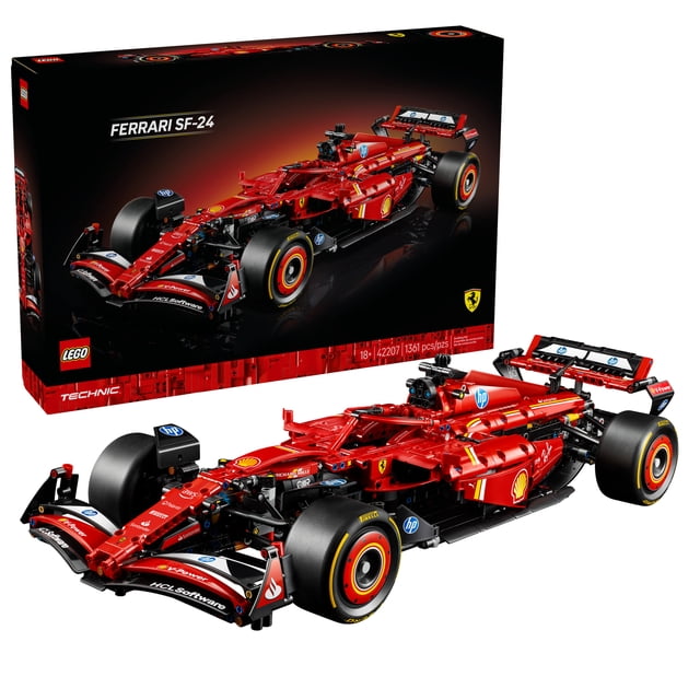 LEGO Technic Ferrari SF-24 F1 Model Car Kit for Adults featuring a 1:8 scale red Formula 1 car with realistic steering, suspension, 2-speed gearbox, adjustable spoiler, and V6 engine with spinning MGU-H, displayed with its branded box.