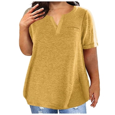 CFLVAEK Women's Plus Size Tshirts Loose Fitting Notch V Neck Tees Casual Short Sleeve Summer Going Out Tshirt Solid Color Basic Tunic Tops 2025 Yellow XXXXXL