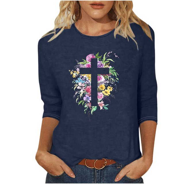 Blouses pour Femmes T-Shirt Imprimé Blouse à Manches 3/4 Col Rond Décontracté, Blouses pour Femmes T-Shirts pour Femmes, Blouses pour Femmes Décontractées