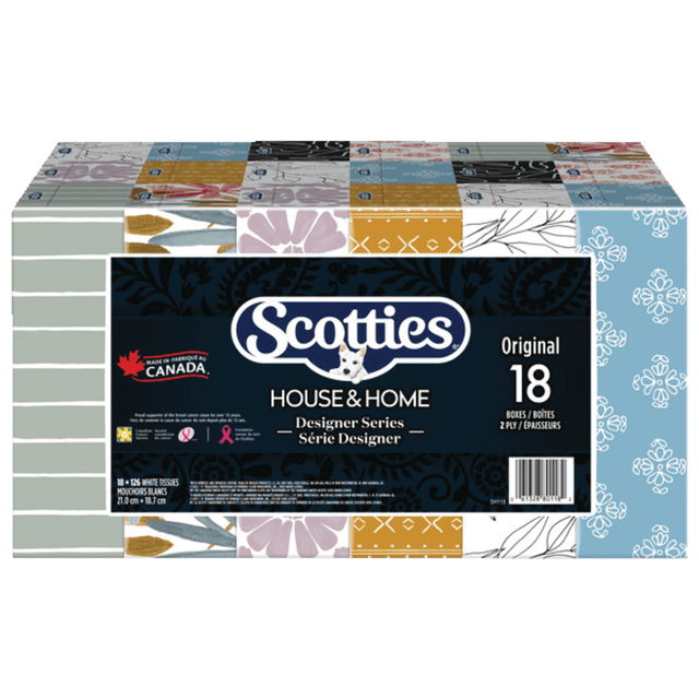 Scotties House & Home Facial Tissue, 2-Ply, 126 Sheets, 18-pk. The image shows a multipack of 18 boxes of Scotties facial tissues, each containing 126 white, 2-ply sheets. The packaging features a designer series with various patterns and colours, including floral and geometric designs. The product is hypoallergenic, dermatologist-approved, and made in Canada, as indicated by the label on the box.