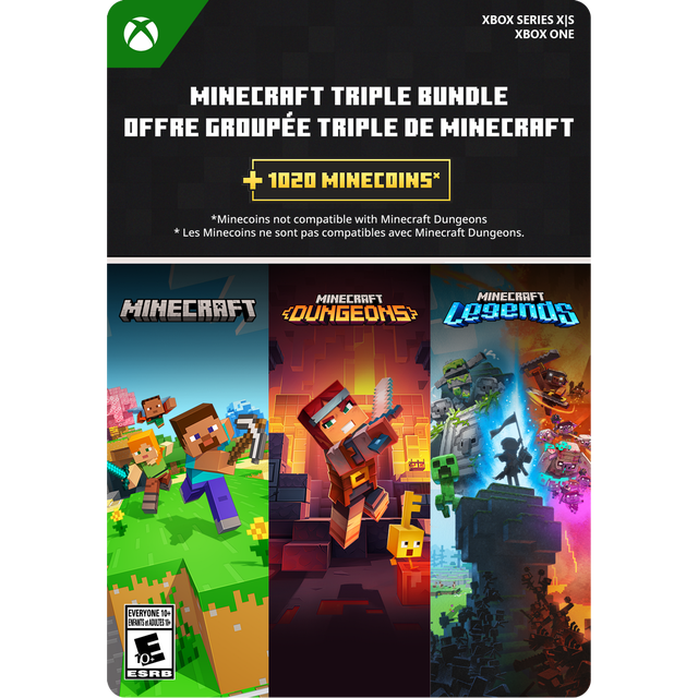 Minecraft Ensemble Triple – Xbox Series X/S, Xbox One Couverture de code Numérique Montrant Trois Jeux Minecraft : Édition Minecraft Bedrock avec Personnages Bloquants sur Blocs Herbeux, Donjons Minecraft Mettant en Vedette un Héros avec une Épée dans un Donjon Ardent, et Légendes Minecraft Représentant une Scène de Bataille Stratégique avec des Personnages et Créatures Bloquants, Incluant 1020 Minecoins pour les Achats en Jeu.
