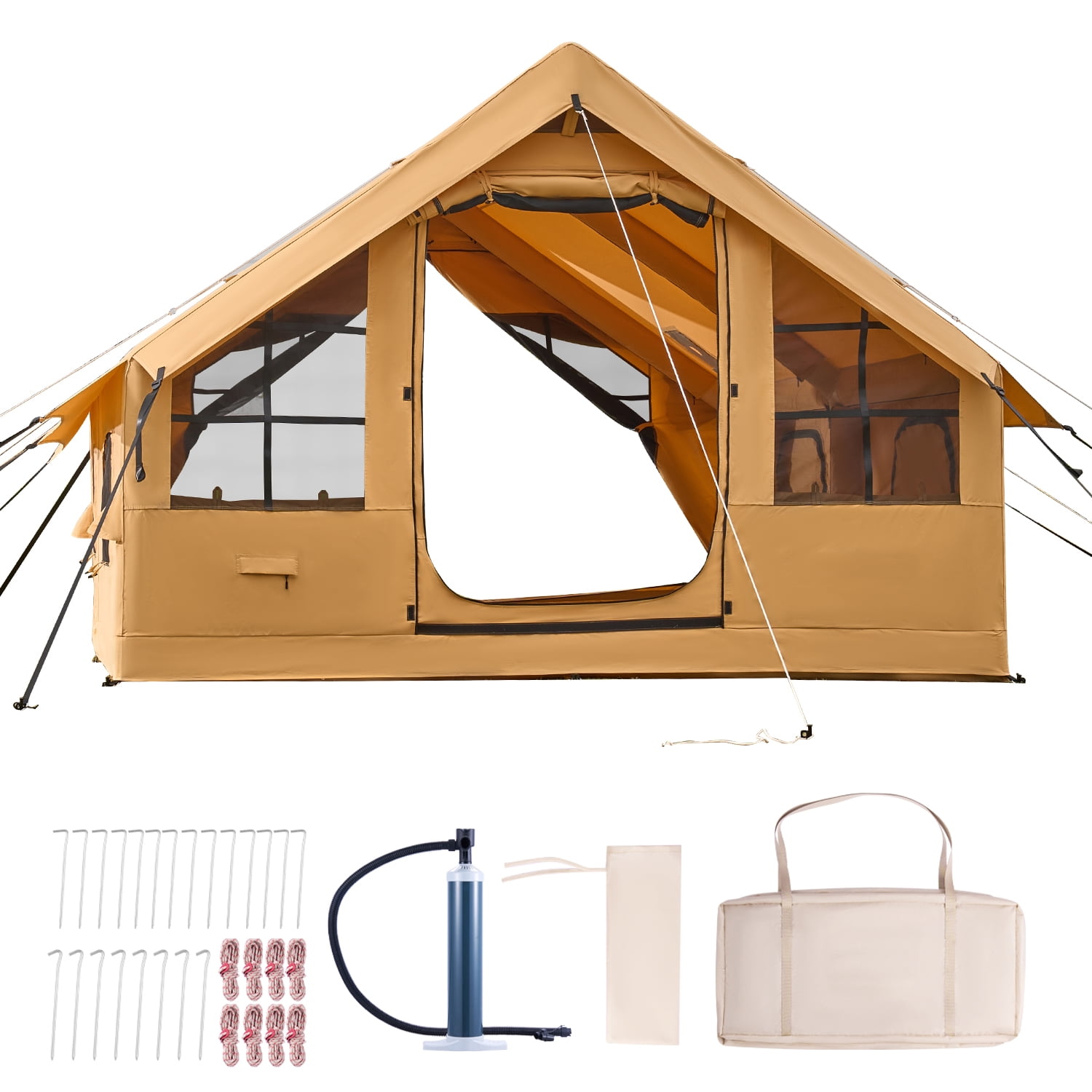 KFFKFF Inflatable Tents for Camping, 5-8 Person Easy Setup Blow up Tent with Hand Pump, Luxury Glamping Tent with 2 Skylights, Canopy