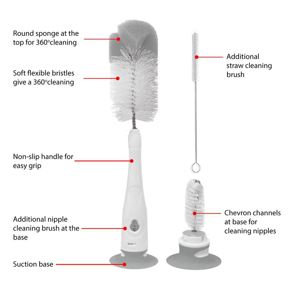 Playtex Baby® Deluxe Bottle & Nipple Brush– Baby Bottle Cleaning Brush with Sponge Tip, Suction Base & Straw Brush – BPA Free and Dishwasher Safe