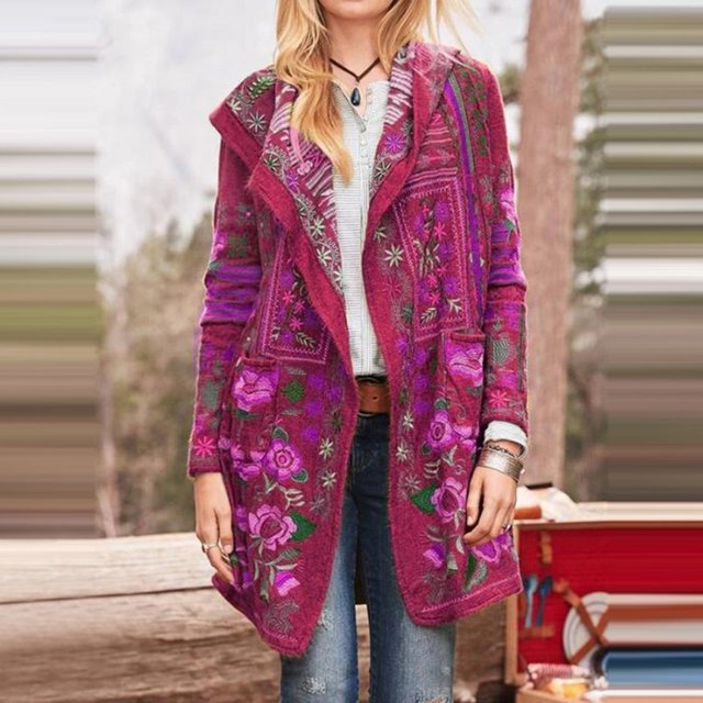 Femmes Mode à Manches Longues Imprimé Floral Folk-Custom Poche Casual Long Outwear