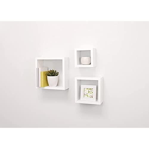 kieragrace Cubbi Floating Wall Shelves set of three in white finish mounted on a white wall, featuring square MDF shelves holding a small potted succulent, a white decorative orb, and a framed geometric print, suitable for minimalist home décor and lightweight display