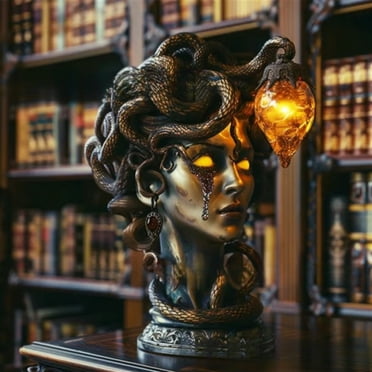 Lampe de Table Sculpture en Résine Medusa Statue de Buste de Gorgone Mythologique aux Yeux Lumineux, Décor Gothique pour la Maison pour Présentation sur Bureau et Étagère