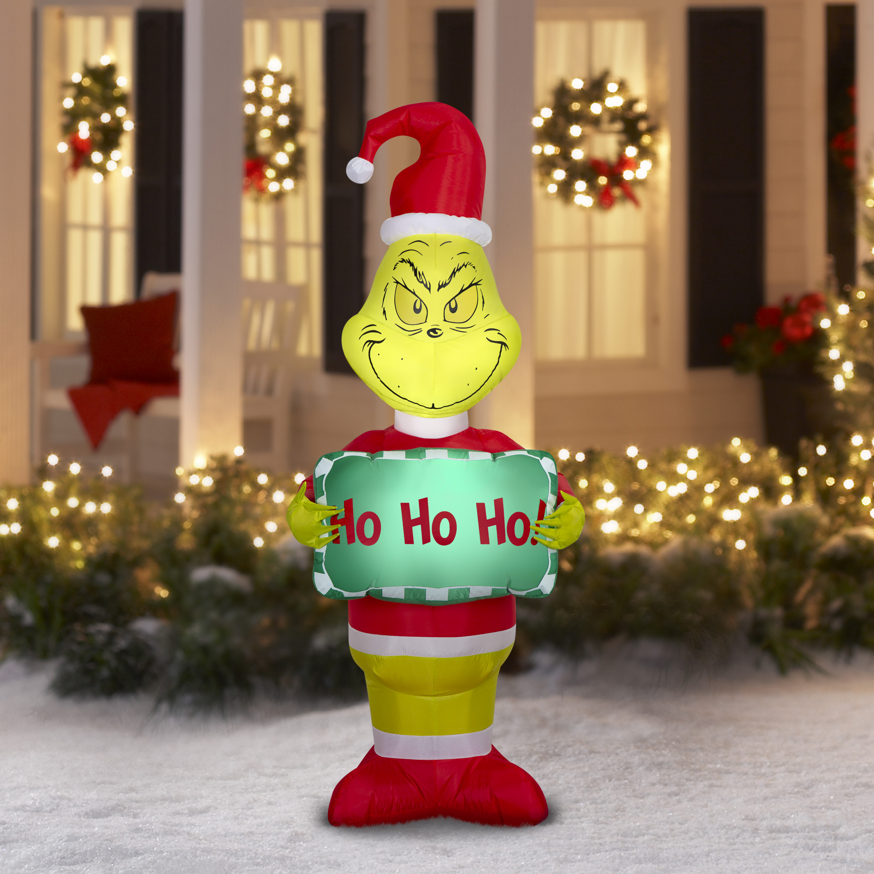 Grinch gonflable de Noël pour jardin Airblown tenant une pancarte MD Dr. Seuss (WM CA)