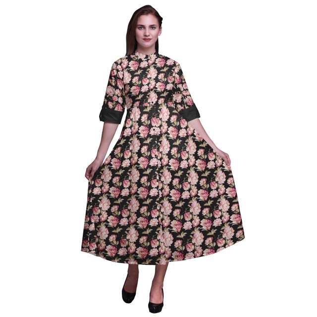 Bimba Robe Chemise Décontractée à Imprimé Floral pour Femme, Robe Évasée Mi-Mollet de Fête - X-Grand