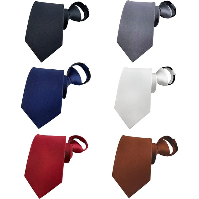 QCWQMYL Zipper Ties for Men, a set of six pre-tied adjustable neckties in solid colors, made of high-quality polyester. The ties feature a convenient zip-up mechanism for easy wear and removal. Each tie measures 46 cm in length and 8 cm in width, offering a polished look suitable for formal occasions such as weddings, business events, and banquets. The set includes ties in black, gray, navy blue, white, red, and brown, providing versatile options to match various suits.