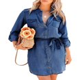 thumbnail image 1 of PENGXIANG Robe en Denim à Manches Longues pour Femmes, Robe Chemise en Denim Boutonnée, Printemps Automne, Décontractée, Taille à Nouer, Robe en Jean Bleu Pâle L, 1 of 4