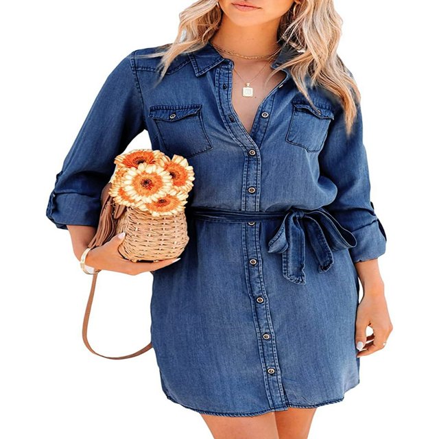 PENGXIANG Robe en Denim à Manches Longues pour Femmes, Robe Chemise en Denim Boutonnée, Printemps Automne, Décontractée, Taille à Nouer, Robe en Jean Bleu Pâle L