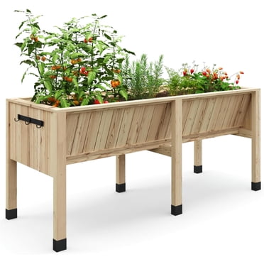 Large Wooden Raised Garden Bed with Legs, 116.5x60x77cm Deep Elevated Planter Box with Hooks and Liner, for Outdoor Patio Balcony Backyard, Vegetables Herbs Flowers, Natural Wood / Oak / Log Color